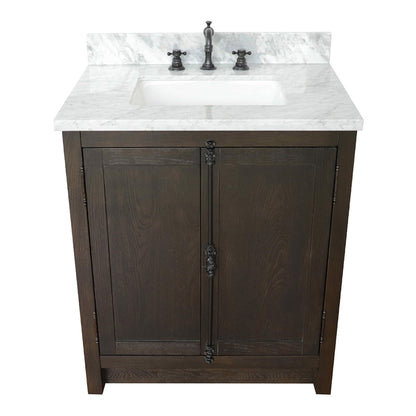 31" Single vanity in Brown Ash finish with White Carrara top and rectangle sink