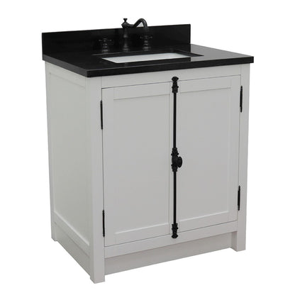 31" Single vanity in Glacier Ash finish with Black Galaxy top and rectangle sink