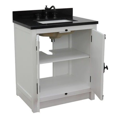 31" Single vanity in Glacier Ash finish with Black Galaxy top and rectangle sink