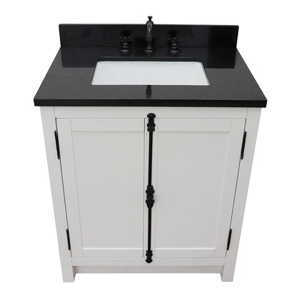 31" Single vanity in Glacier Ash finish with Black Galaxy top and rectangle sink