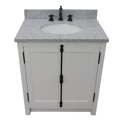 31" Single vanity in Glacier Ash finish with Gray granite top and oval sink