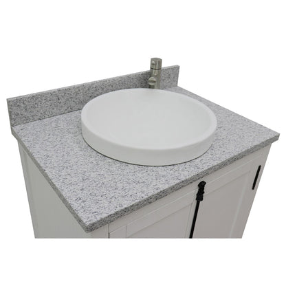 31" Single vanity in Glacier Ash finish with Gray granite top and round sink