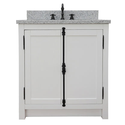 31" Single vanity in Glacier Ash finish with Gray granite top and rectangle sink