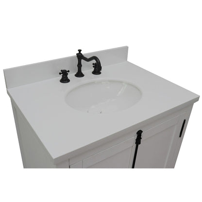 31" Single vanity in Glacier Ash finish with White engineered stone top and oval sink