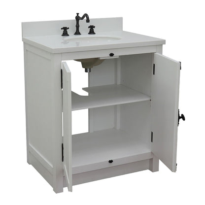 31" Single vanity in Glacier Ash finish with White engineered stone top and oval sink
