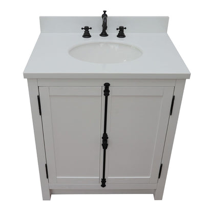 31" Single vanity in Glacier Ash finish with White engineered stone top and oval sink