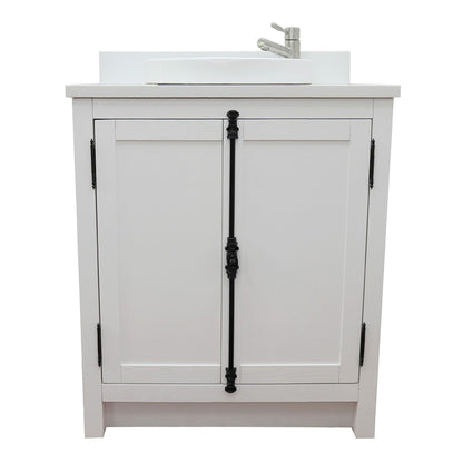 31" Single vanity in Glacier Ash finish with White engineered stone top and round sink