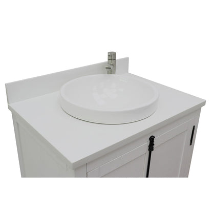 31" Single vanity in Glacier Ash finish with White engineered stone top and round sink