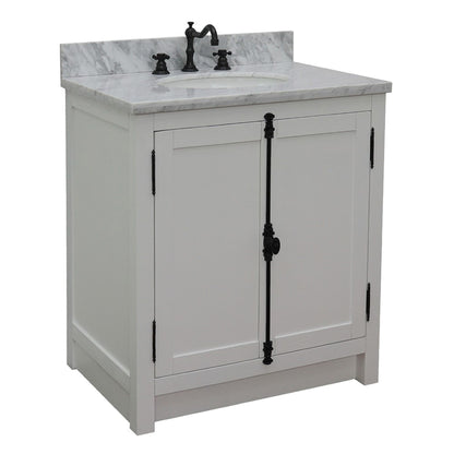 31" Single vanity in Glacier Ash finish with White Carrara top and oval sink