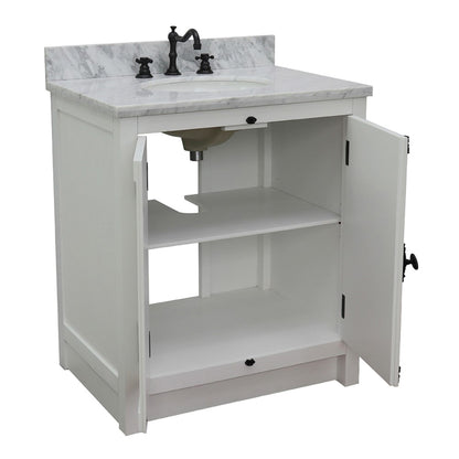 31" Single vanity in Glacier Ash finish with White Carrara top and oval sink