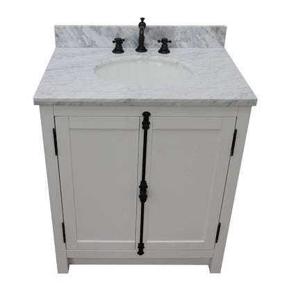 31" Single vanity in Glacier Ash finish with White Carrara top and oval sink