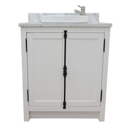 31" Single vanity in Glacier Ash finish with White Carrara top and round sink