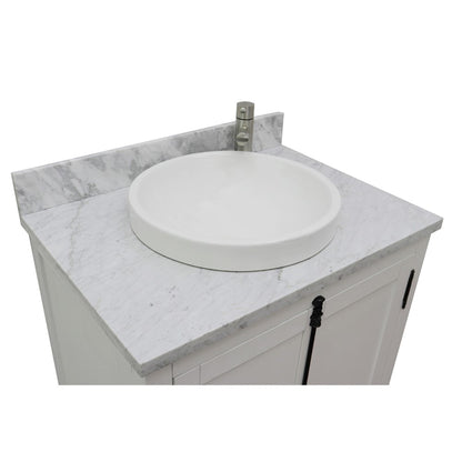 31" Single vanity in Glacier Ash finish with White Carrara top and round sink