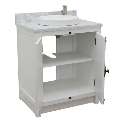 31" Single vanity in Glacier Ash finish with White Carrara top and round sink