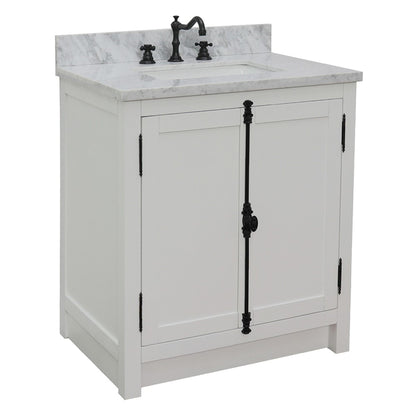31" Single vanity in Glacier Ash finish with White Carrara top and rectangle sink