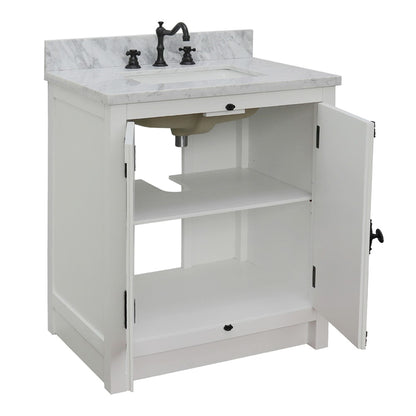 31" Single vanity in Glacier Ash finish with White Carrara top and rectangle sink