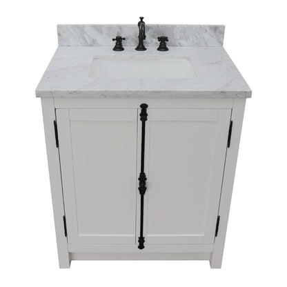 31" Single vanity in Glacier Ash finish with White Carrara top and rectangle sink