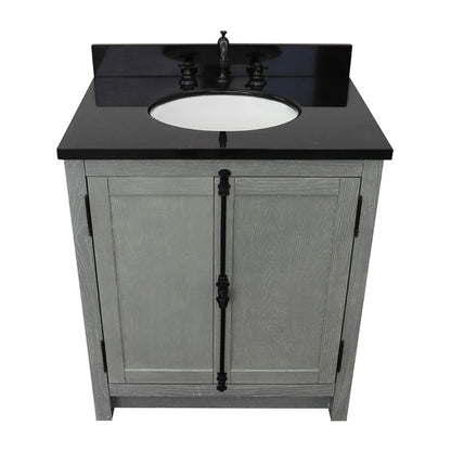 31" Single vanity in Gray Ash finish with Black Galaxy top and oval sink