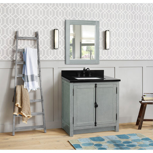 31" Single vanity in Gray Ash finish with Black Galaxy top and rectangle sink
