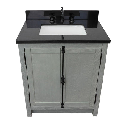 31" Single vanity in Gray Ash finish with Black Galaxy top and rectangle sink