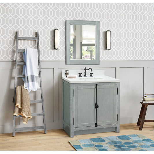 31" Single vanity in Gray Ash finish with White engineered stone top and oval sink