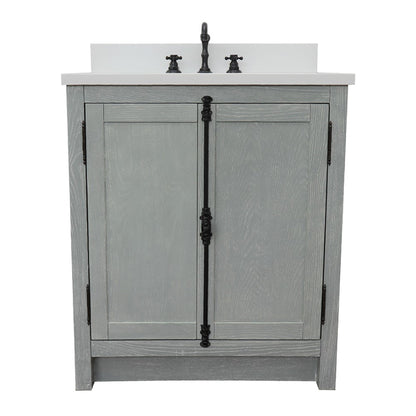 31" Single vanity in Gray Ash finish with White engineered stone top and oval sink