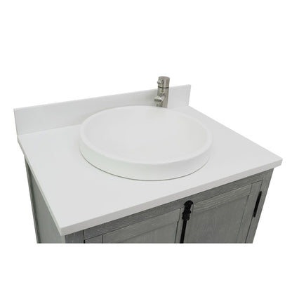 31" Single vanity in Gray Ash finish with White engineered stone top and round sink