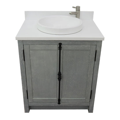 31" Single vanity in Gray Ash finish with White engineered stone top and round sink