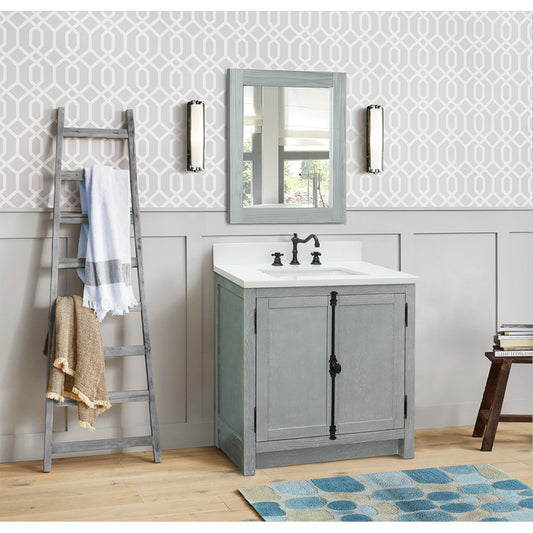 31" Single vanity in Gray Ash finish with White engineered stone top and rectangle sink