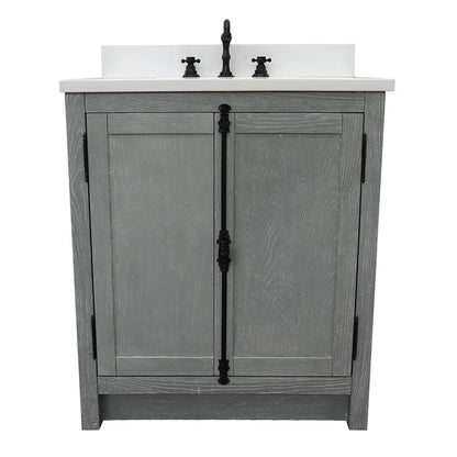 31" Single vanity in Gray Ash finish with White engineered stone top and rectangle sink