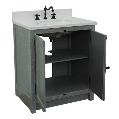 31" Single vanity in Gray Ash finish with White engineered stone top and rectangle sink