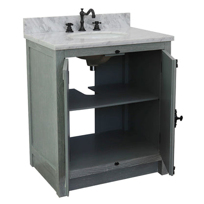 31" Single vanity in Gray Ash finish with White Carrara top and oval sink