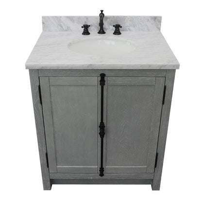 31" Single vanity in Gray Ash finish with White Carrara top and oval sink