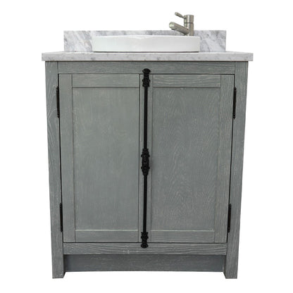 31" Single vanity in Gray Ash finish with White Carrara top and round sink