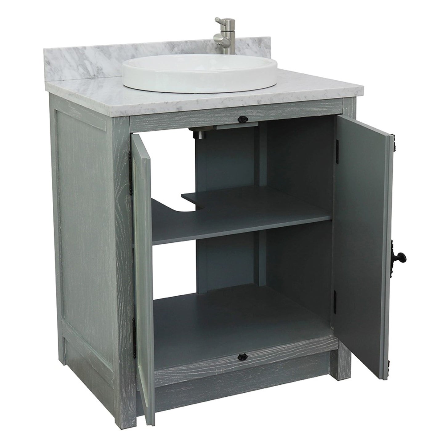 31" Single vanity in Gray Ash finish with White Carrara top and round sink