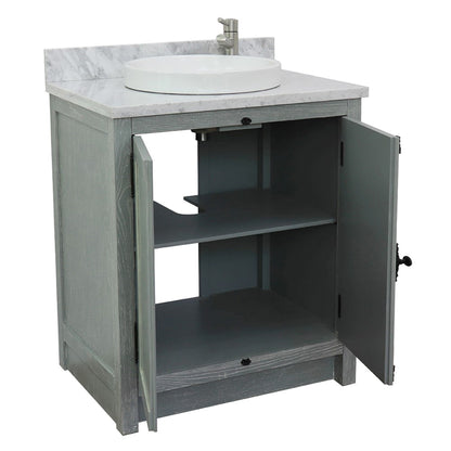 31" Single vanity in Gray Ash finish with White Carrara top and round sink