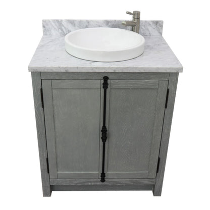 31" Single vanity in Gray Ash finish with White Carrara top and round sink