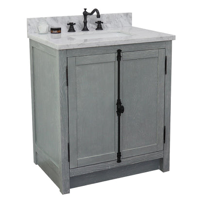 31" Single vanity in Gray Ash finish with White Carrara top and rectangle sink