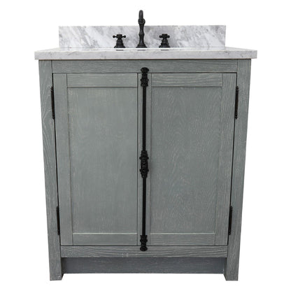 31" Single vanity in Gray Ash finish with White Carrara top and rectangle sink