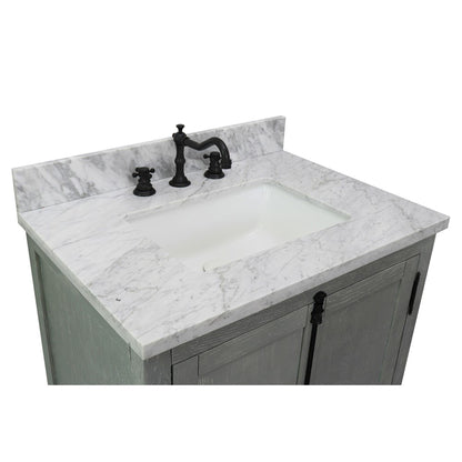 31" Single vanity in Gray Ash finish with White Carrara top and rectangle sink