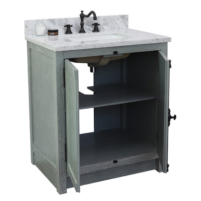 31" Single vanity in Gray Ash finish with White Carrara top and rectangle sink