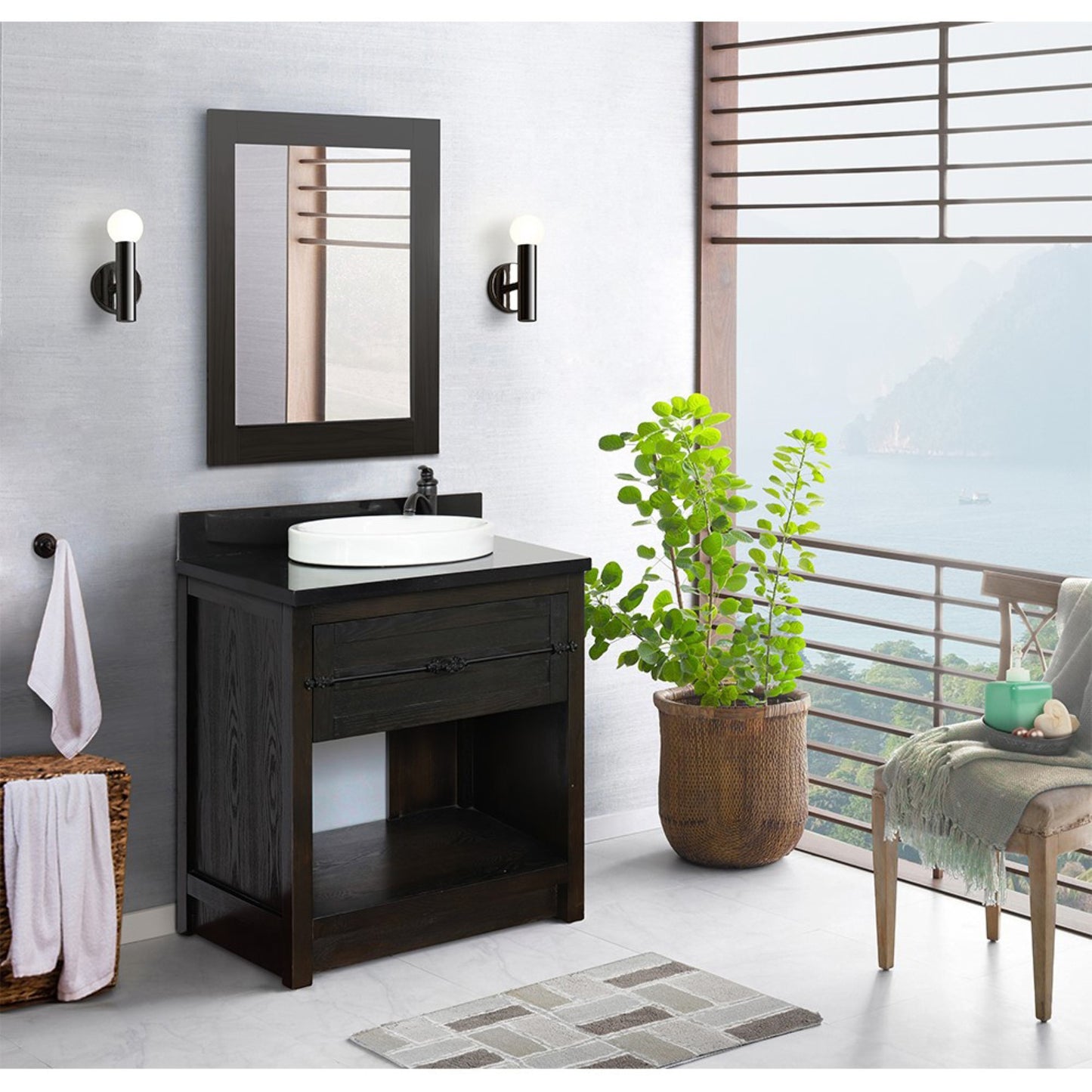 31" Single vanity in Brown Ash finish with Black Galaxy top and round sink