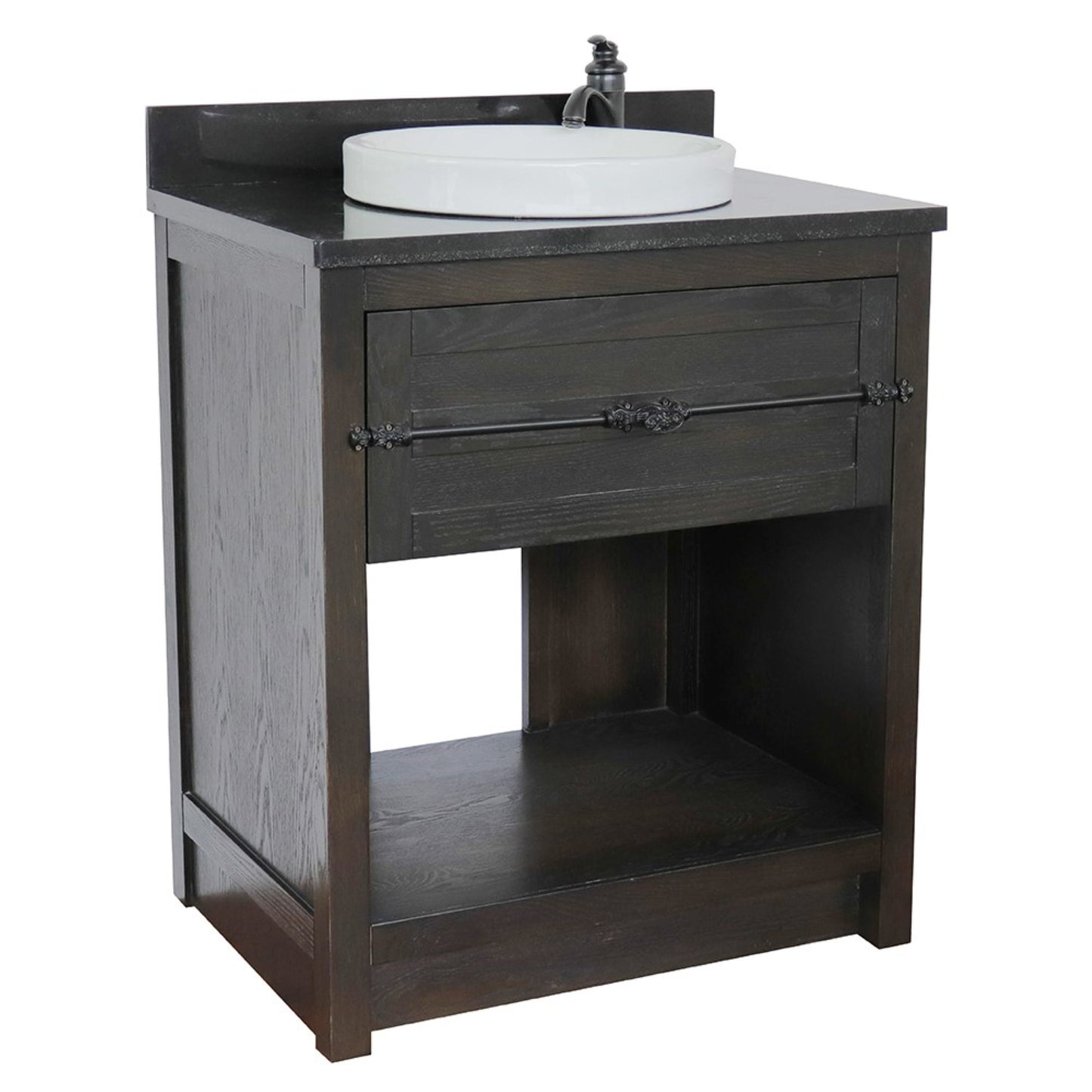 31" Single vanity in Brown Ash finish with Black Galaxy top and round sink