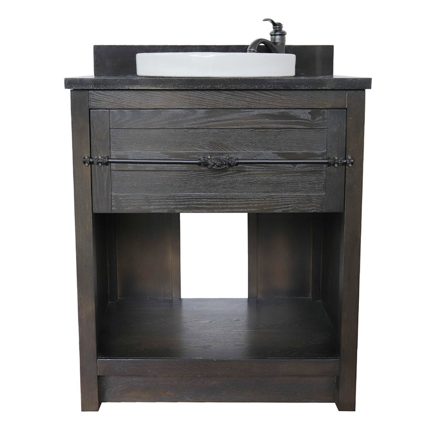 31" Single vanity in Brown Ash finish with Black Galaxy top and round sink