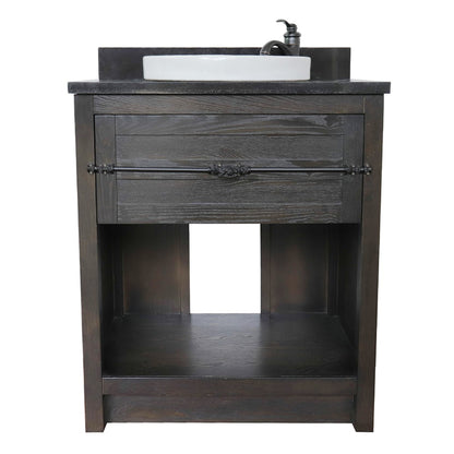 31" Single vanity in Brown Ash finish with Black Galaxy top and round sink