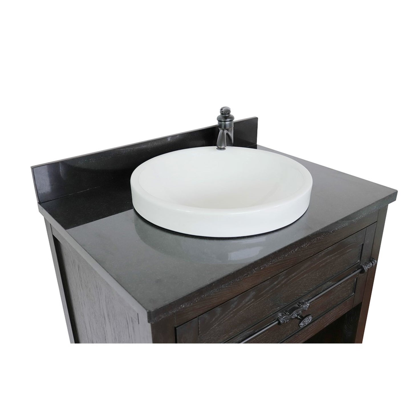 31" Single vanity in Brown Ash finish with Black Galaxy top and round sink