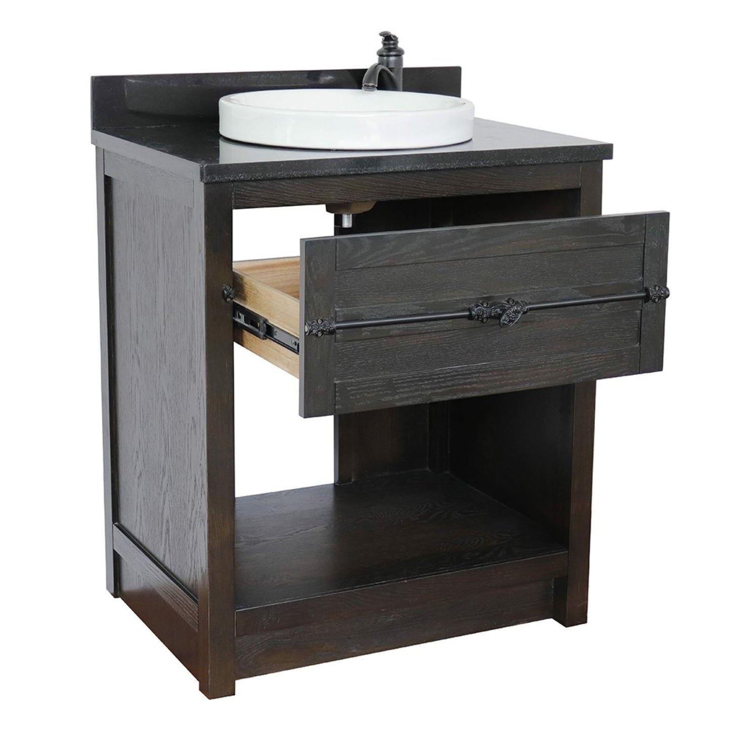 31" Single vanity in Brown Ash finish with Black Galaxy top and round sink