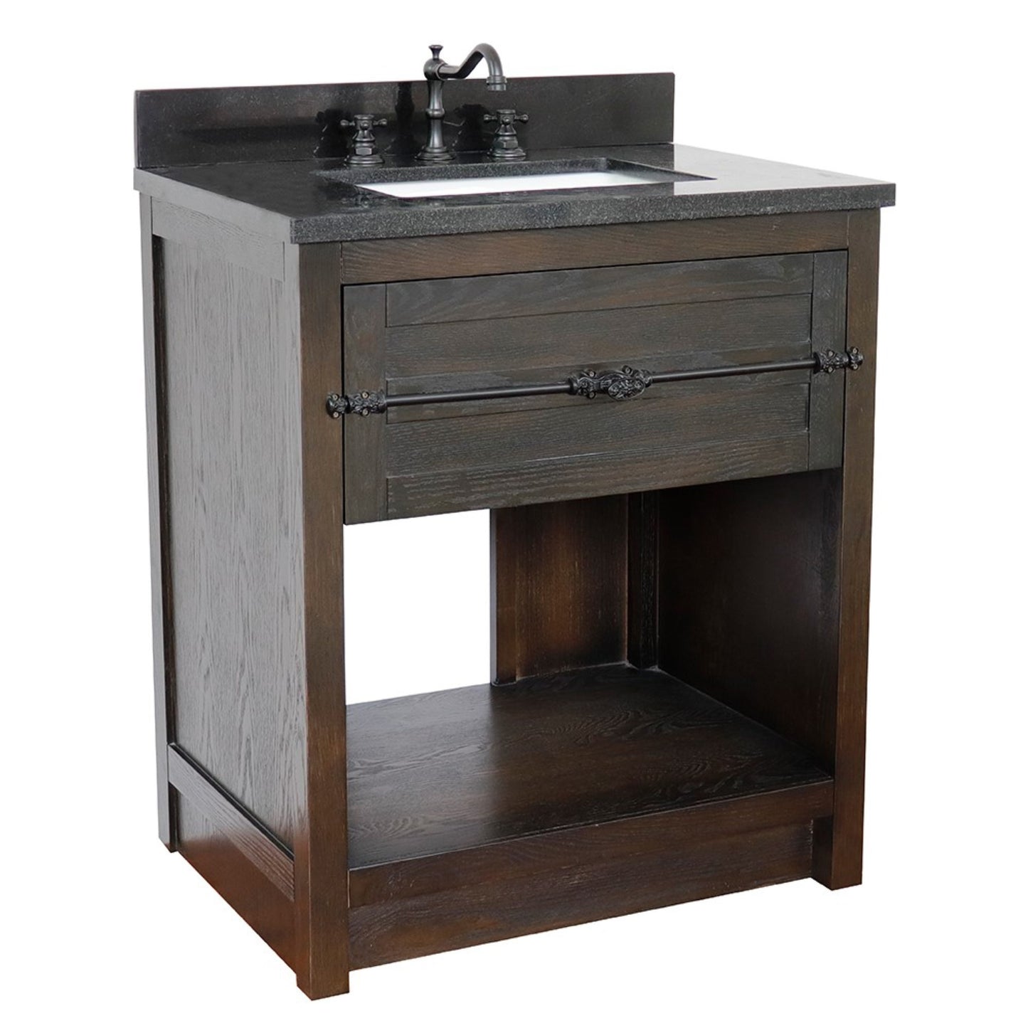 31" Single vanity in Brown Ash finish with Black Galaxy top and rectangle sink