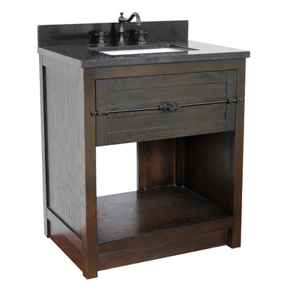 31" Single vanity in Brown Ash finish with Black Galaxy top and rectangle sink