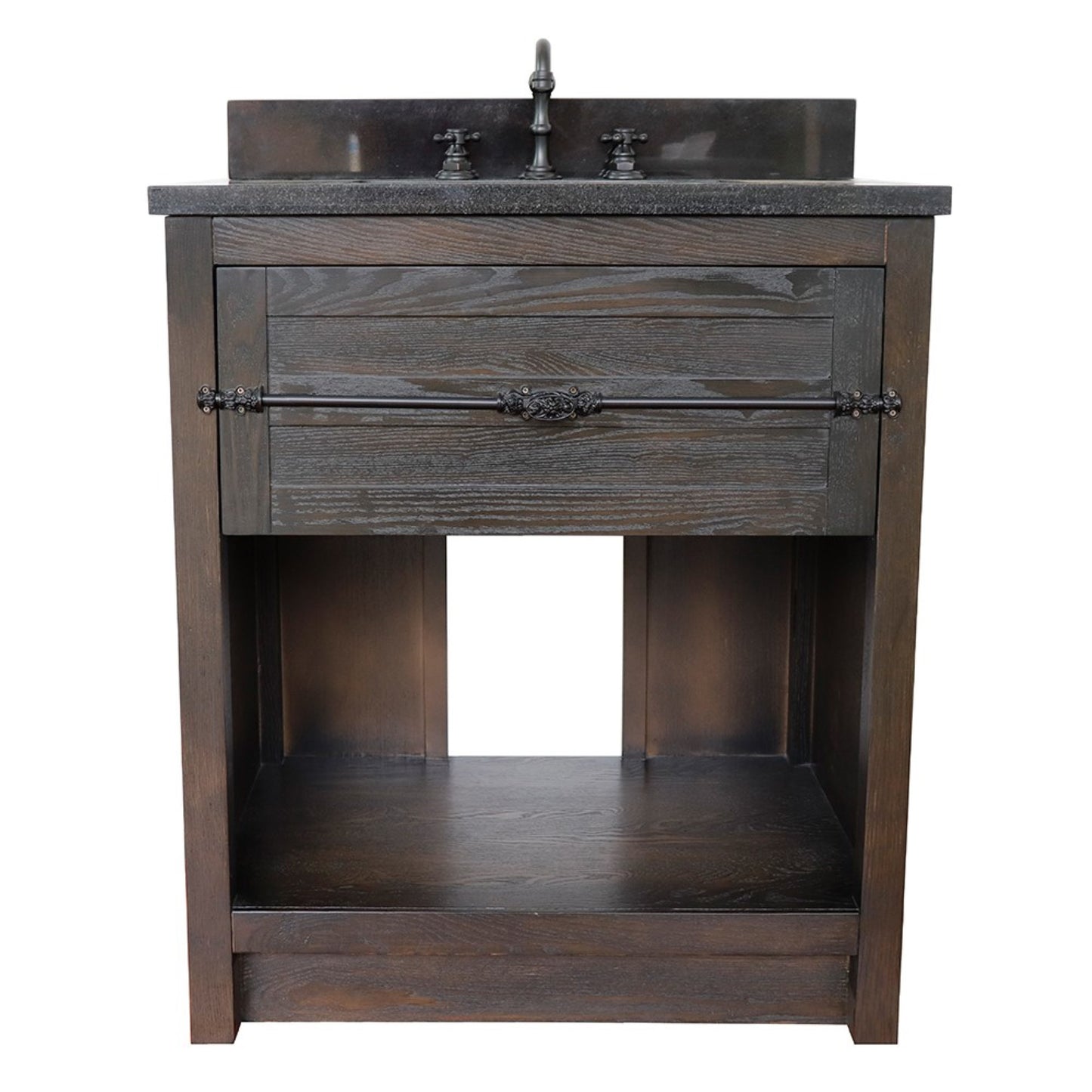 31" Single vanity in Brown Ash finish with Black Galaxy top and rectangle sink